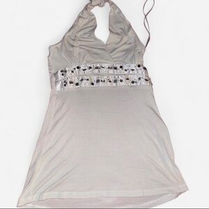 Embellished Halter Tank Top in Light Beige